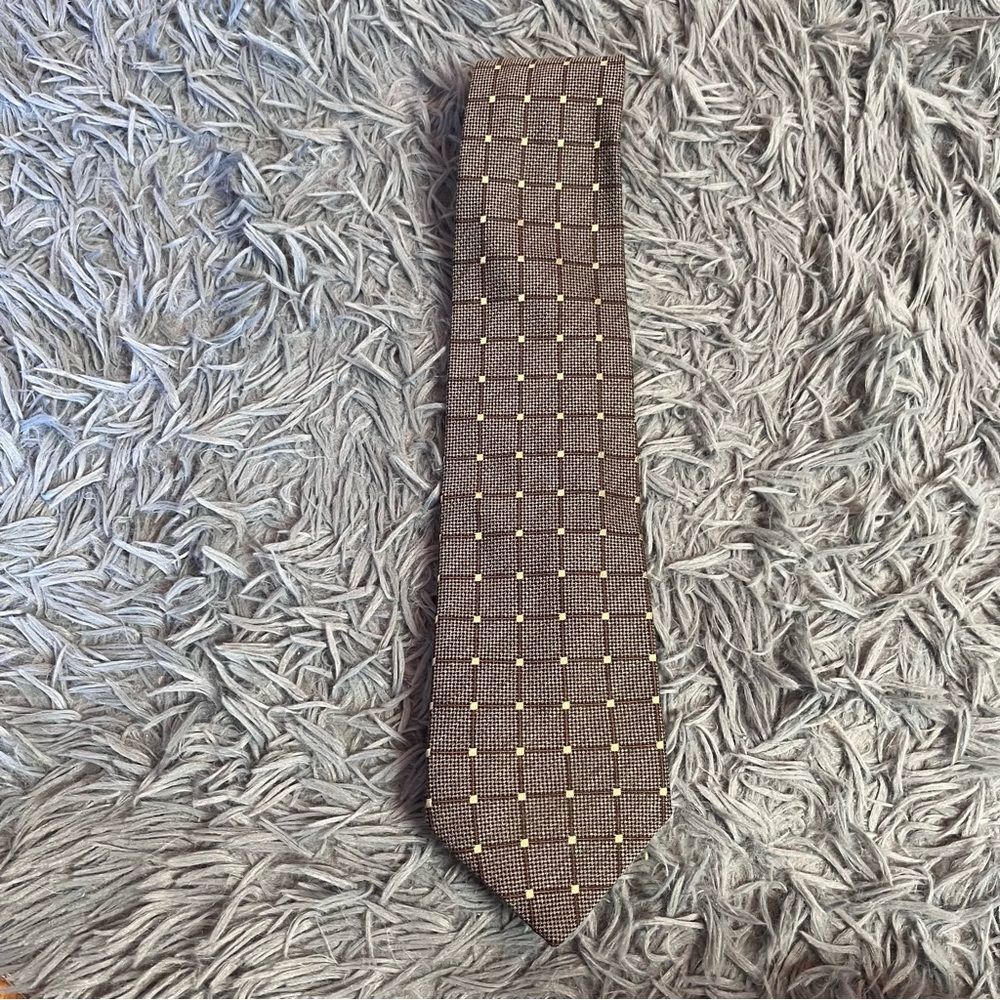 Vintage Canali Brown Gold Checkered Silk Wool Tie